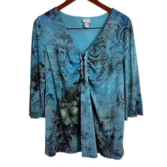 Venezia Blue Womens Blouse 14/16 Rose Floral Stretch Gathered Front Elegant Top - Picture 1 of 8